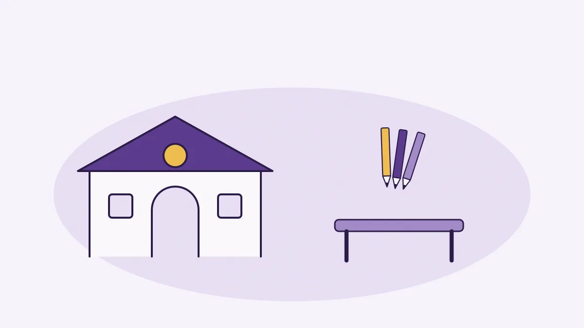 Un portail d'école, une table basse et des crayons de couleur